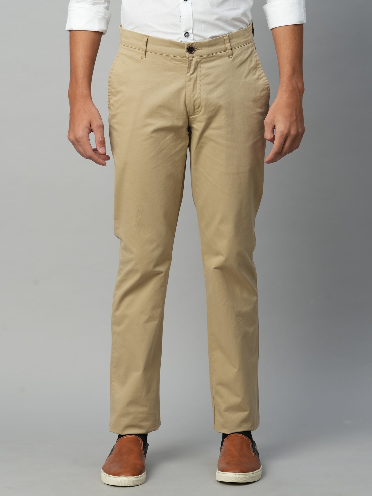 Men's Khaki Cotton Lycra Regular Fit Pant