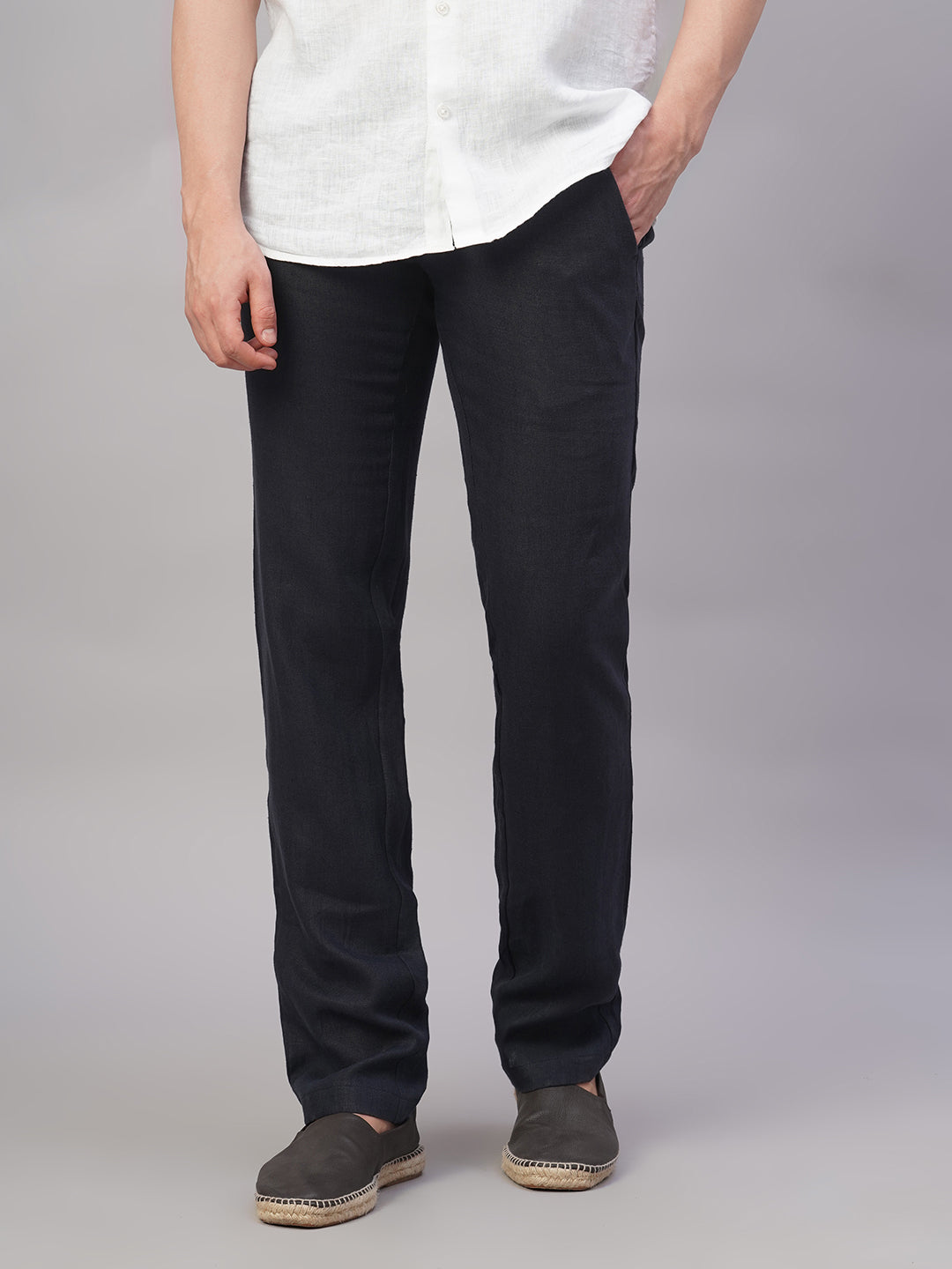 Men's Navy 100% Linen Regular Fit Pant
