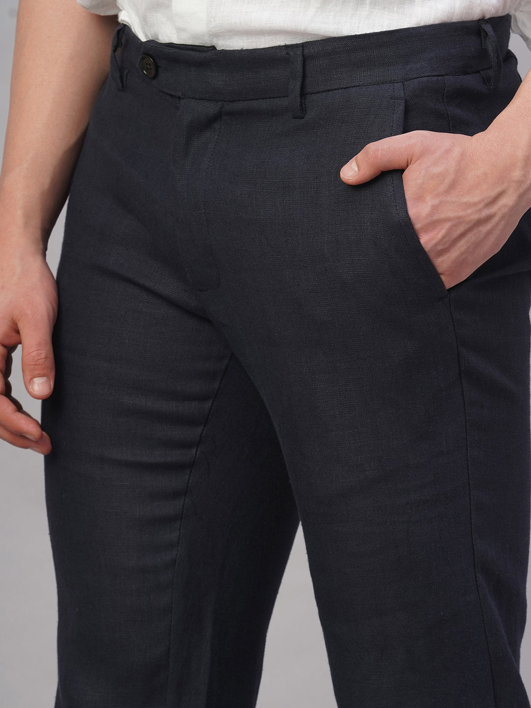 Men's Navy 100% Linen Regular Fit Pant