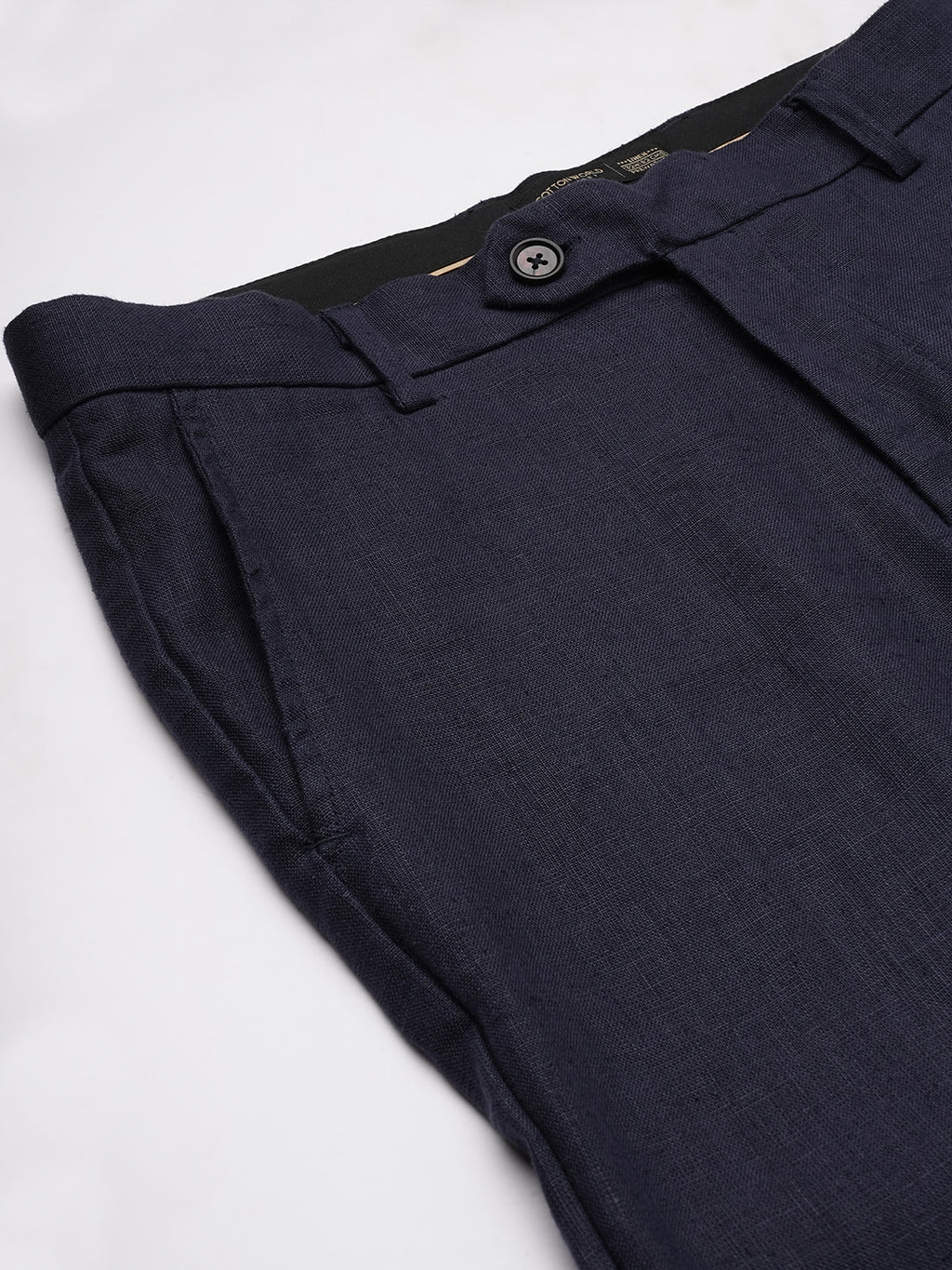 Men's Navy 100% Linen Regular Fit Pant