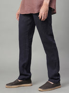 Men's Navy 100% Linen Regular Fit Pant
