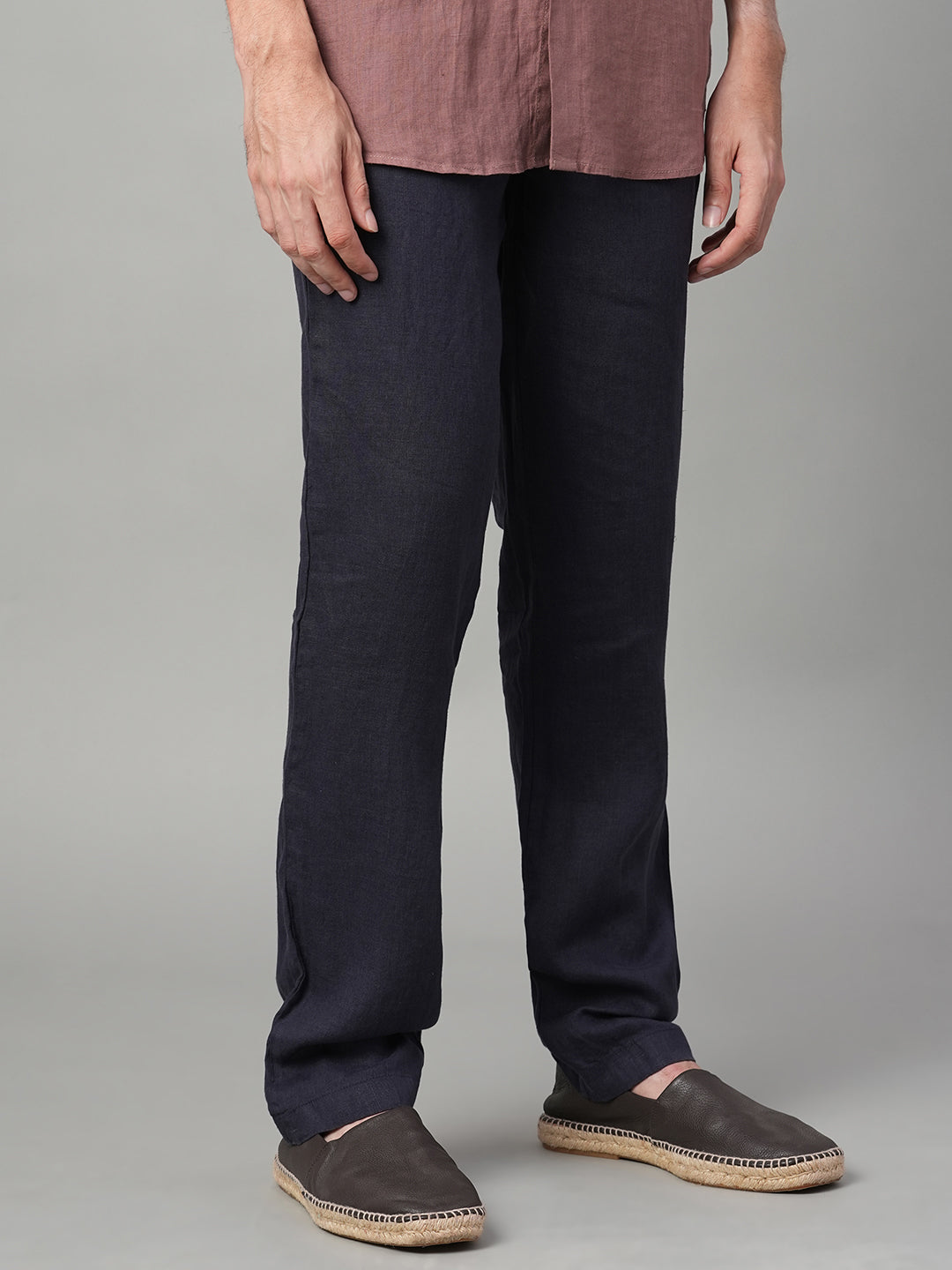 Men's Navy 100% Linen Regular Fit Pant