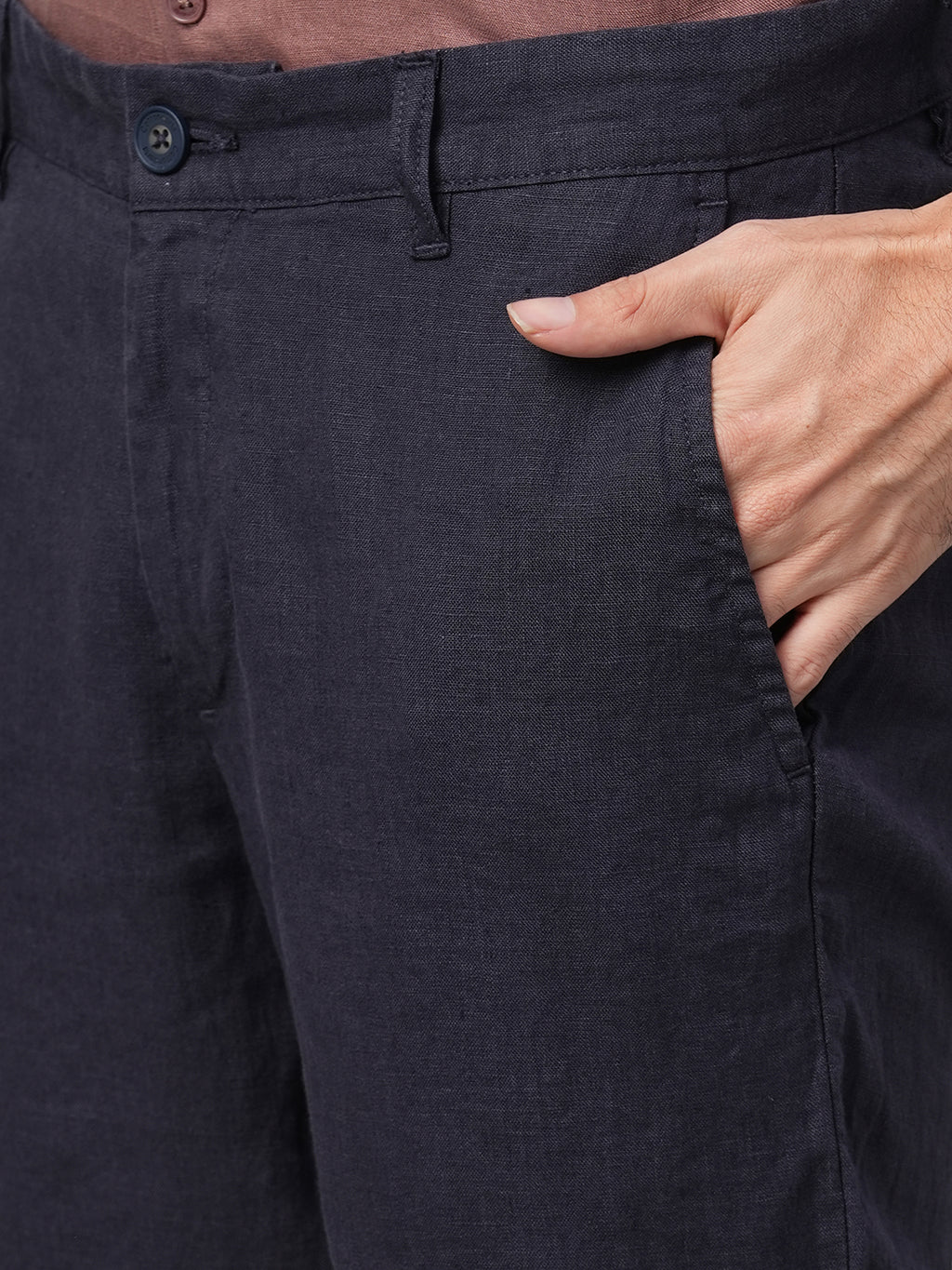 Men's Navy 100% Linen Regular Fit Pant