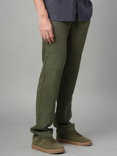 Men's Olive 100% Linen Regular Fit Pant