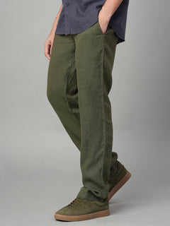 Men's Olive 100% Linen Regular Fit Pant