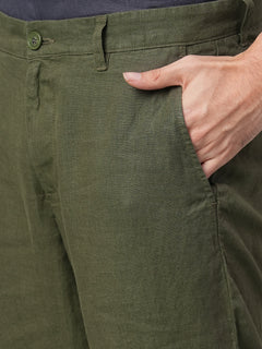 Men's Olive 100% Linen Regular Fit Pant