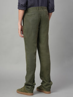 Men's Olive 100% Linen Regular Fit Pant