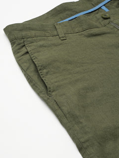 Men's Olive 100% Linen Regular Fit Pant