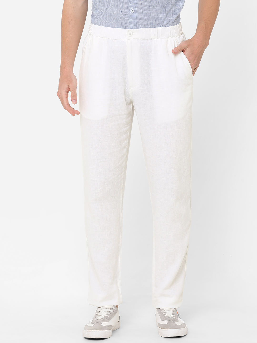 Men's White Linen Viscose Regular Fit Pant