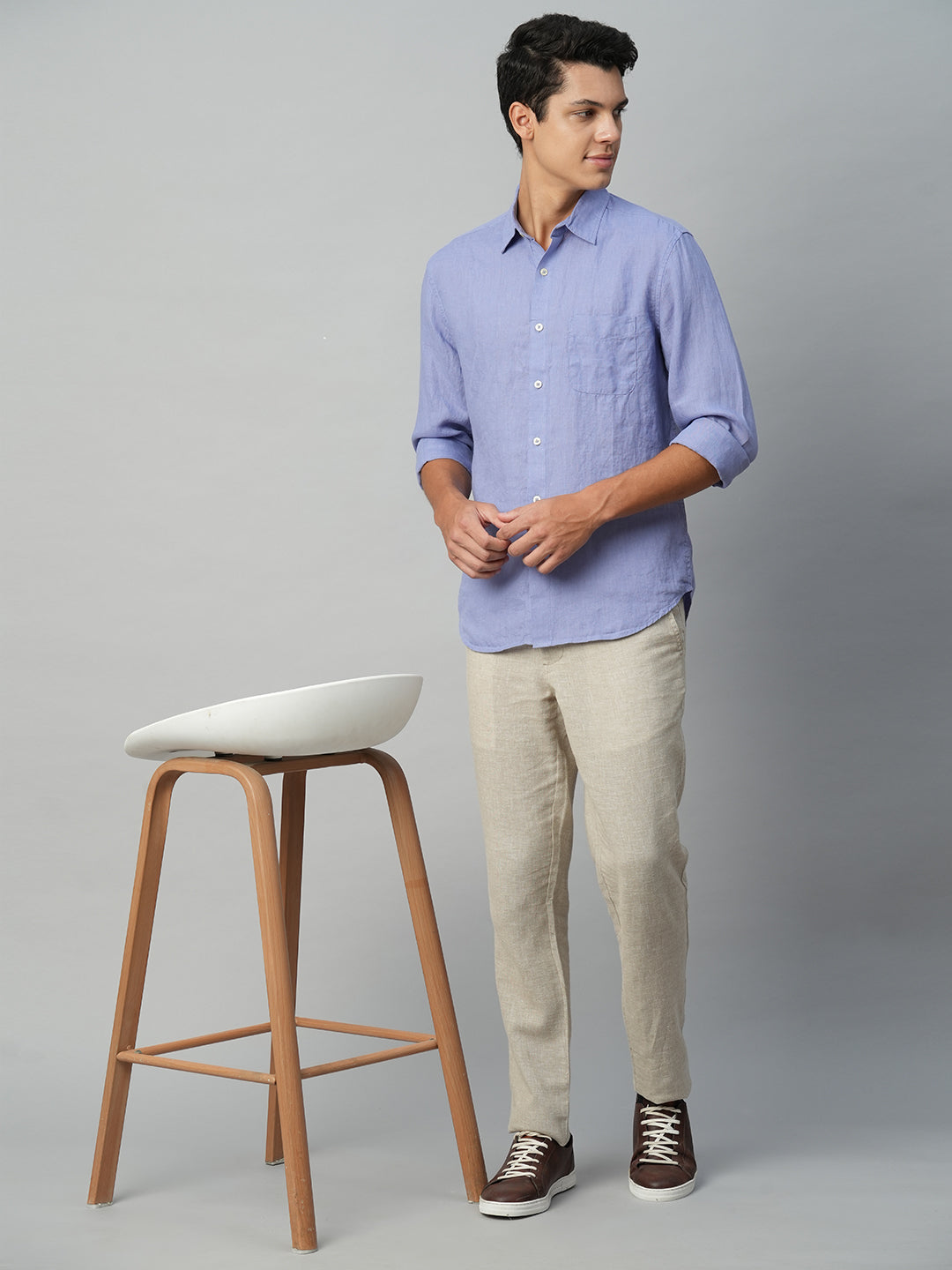 Men's Cotton Linen Beige Regular Fit Pant