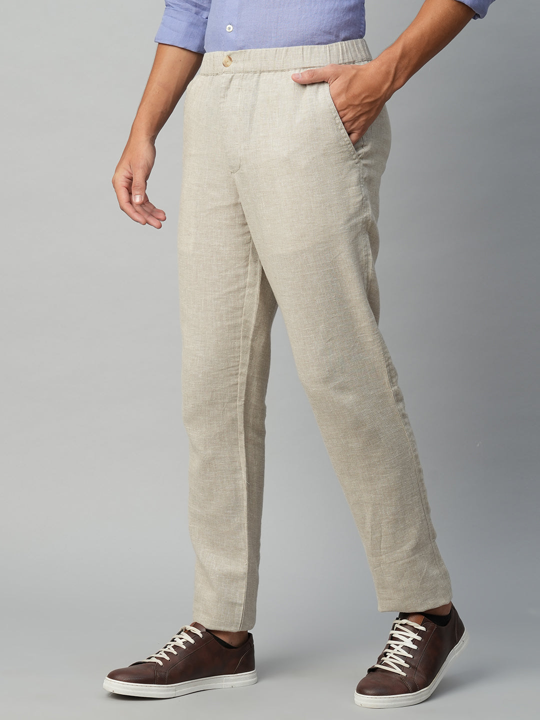 Buy COTTONWORLD Solid Cotton Linen Blend Slim Fit Mens Trousers | Shoppers  Stop