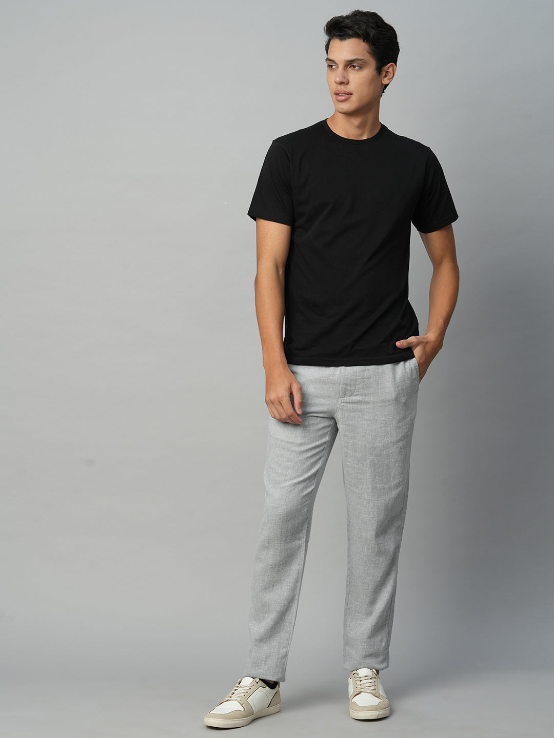 Men's Grey Cotton Linen Regular Fit Draw String Pant