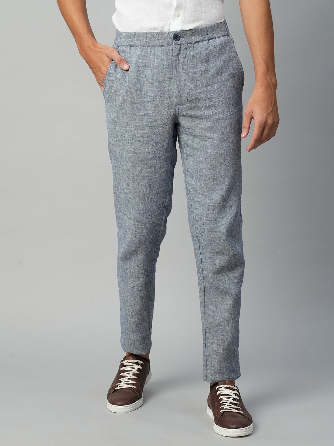 Men's Navy Cotton Linen Regular Fit Pant