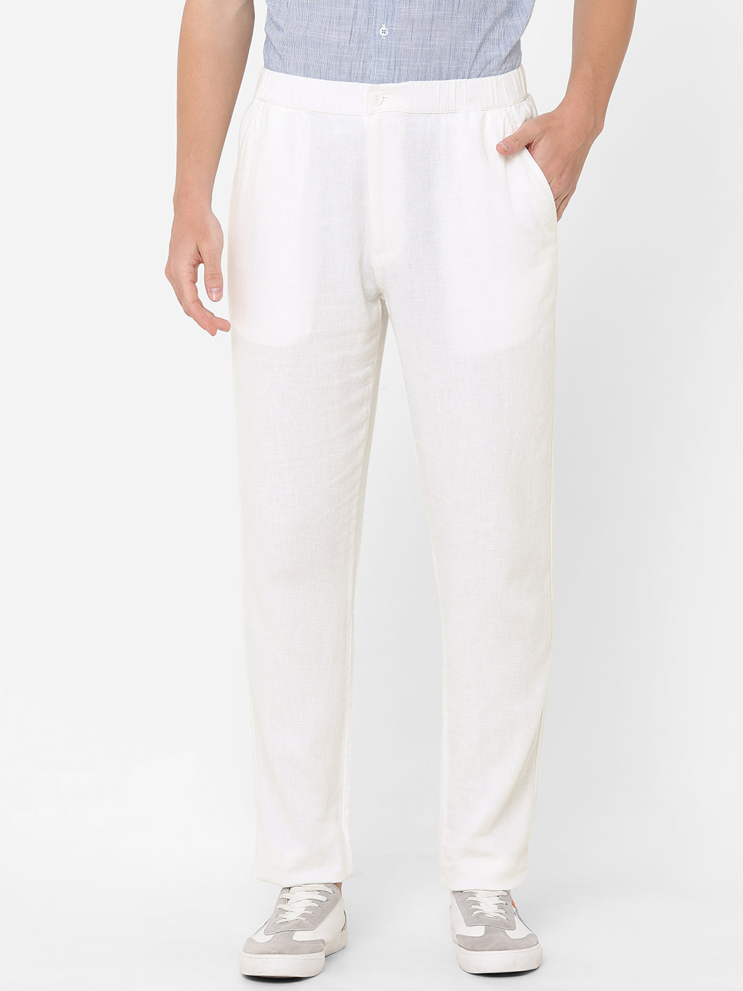 Men's White Cotton Linen Regular Fit Pant