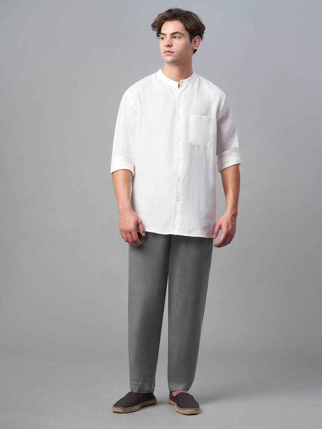 Men's Grey 100% Linen Regular Fit Pant