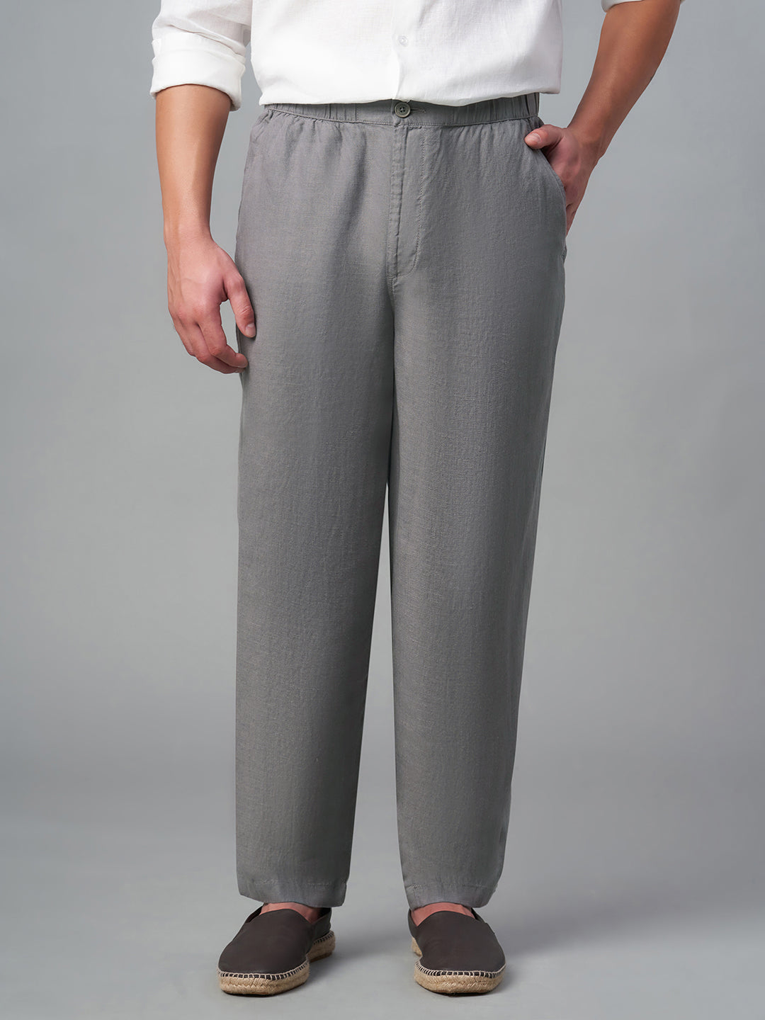 Men's Grey 100% Linen Regular Fit Pant