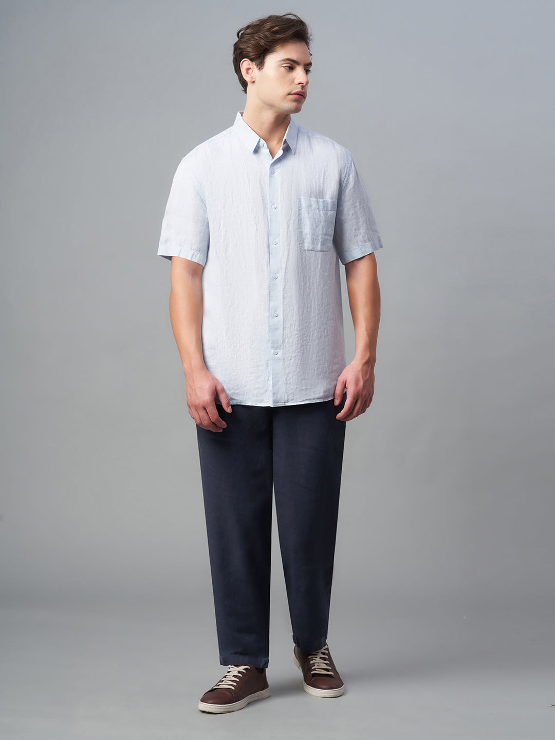 Men's Navy 100% Linen Regular Fit Pant