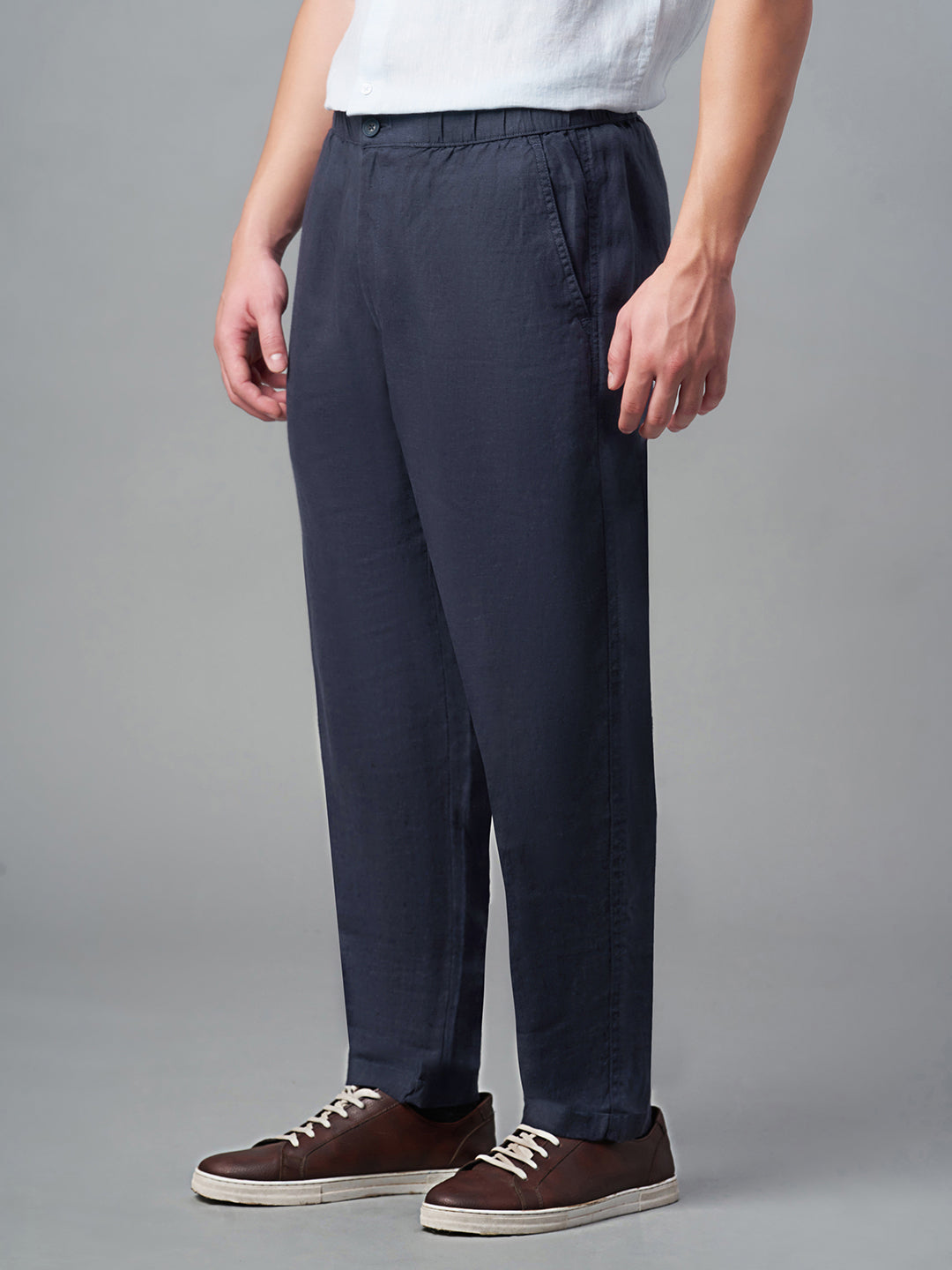 Men's Navy 100% Linen Regular Fit Pant