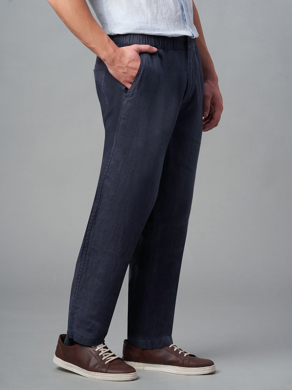 Men's Navy 100% Linen Regular Fit Pant