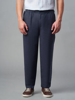 Men's 100% Linen Drawstring Regular Fit Pants Navy