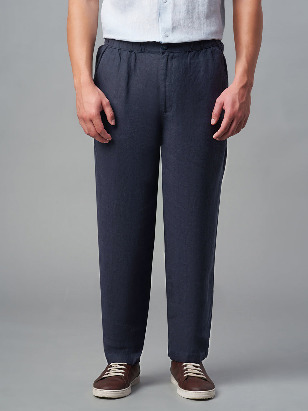 Men's Navy 100% Linen Regular Fit Pant