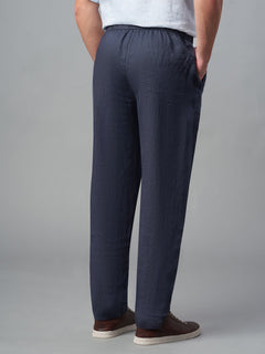 Men's 100% Linen Drawstring Regular Fit Pants Navy