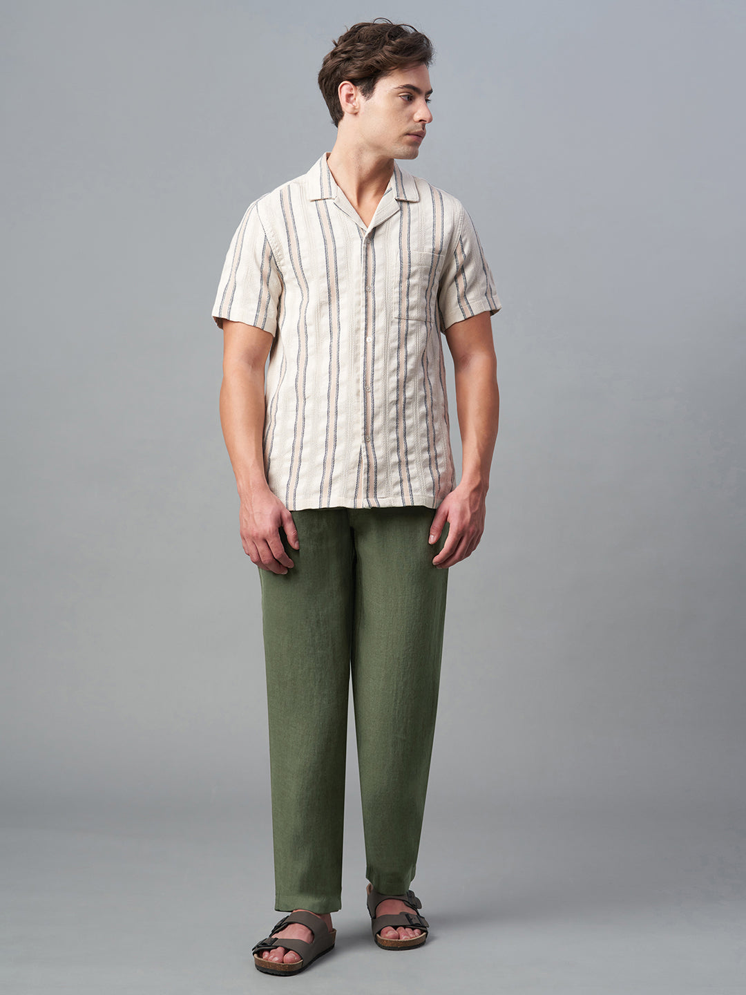 Men's Olive 100% Linen Regular Fit Pant