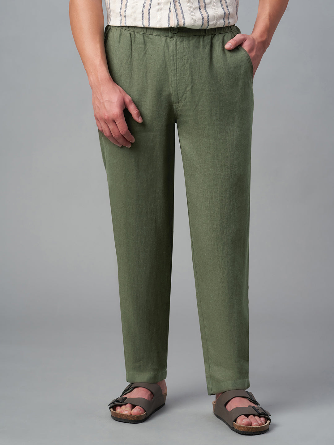 Men's Olive 100% Linen Regular Fit Pant