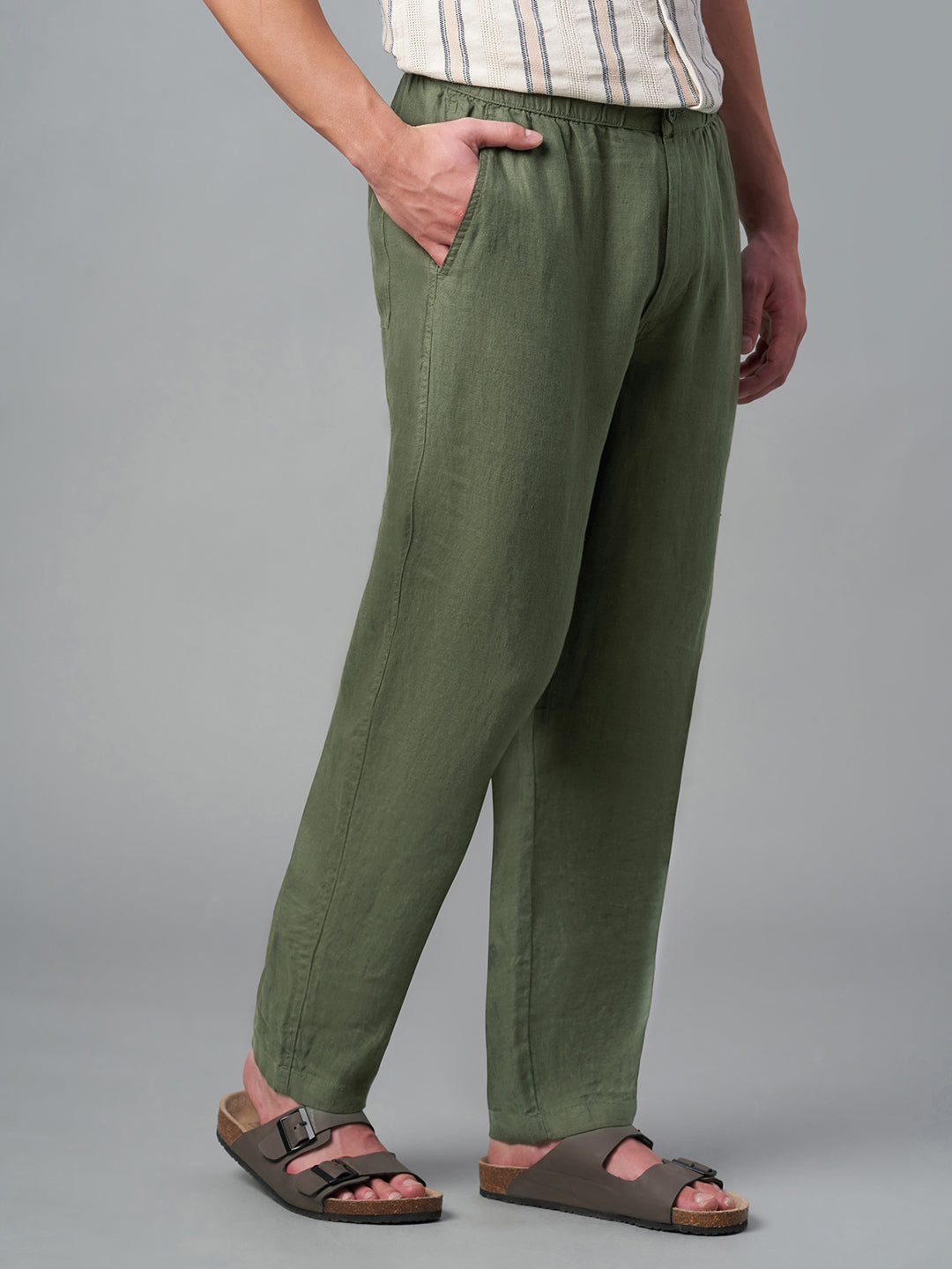 Men's Olive 100% Linen Regular Fit Pant