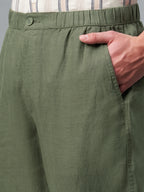 Men's Olive 100% Linen Regular Fit Pant