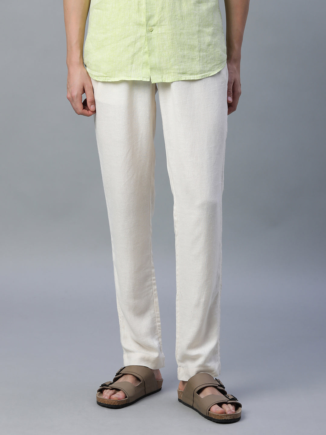 Men's Cream Linen Viscose Regular Fit Pant