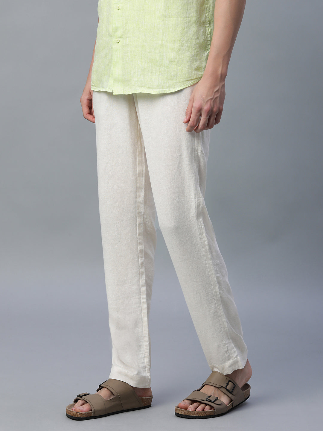 Men's Cream Linen Viscose Regular Fit Pant