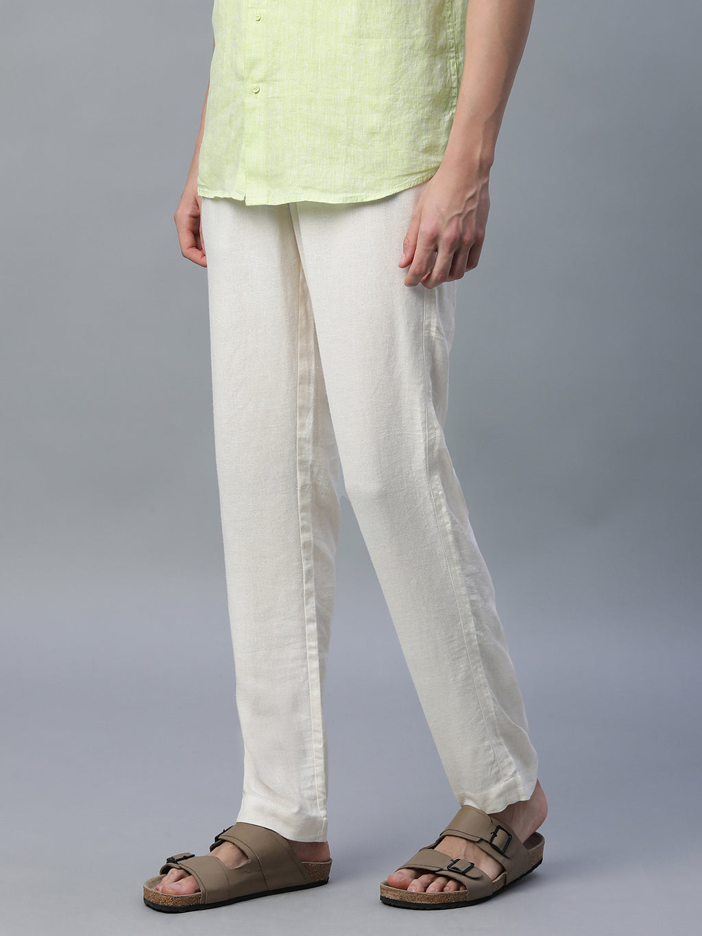 Men's Cream Linen Viscose Regular Fit Pant