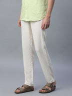 Men's Cream Linen Viscose Regular Fit Pant