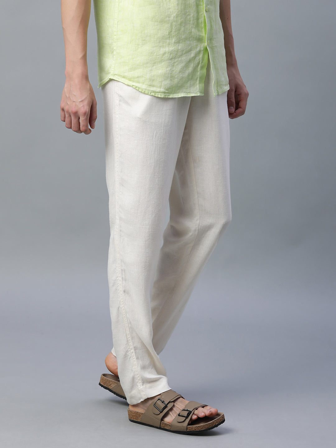 Men's Cream Linen Viscose Regular Fit Pant