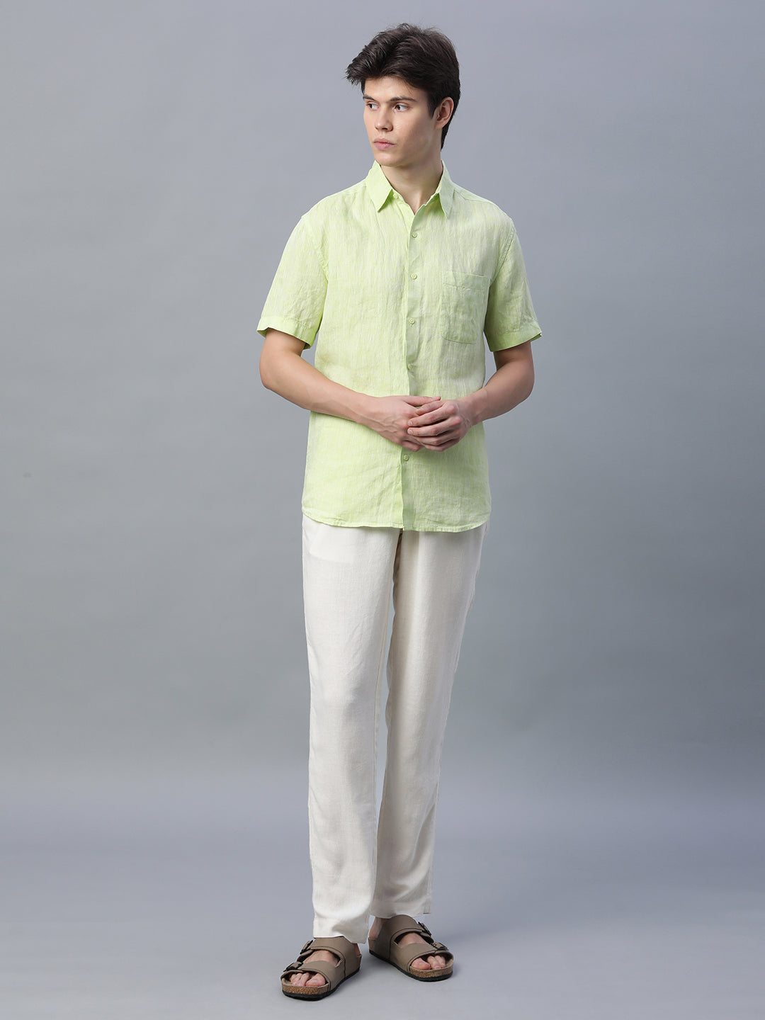 Men's Cream Linen Viscose Regular Fit Pant