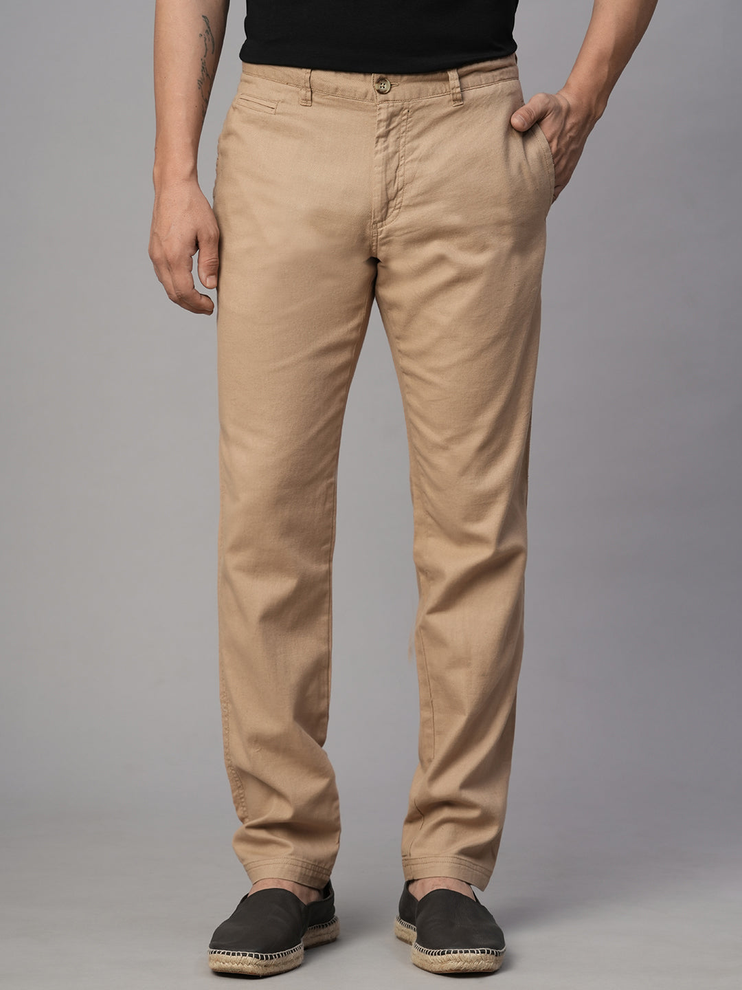 Men's Khaki Cotton Linen Slim Fit Pant