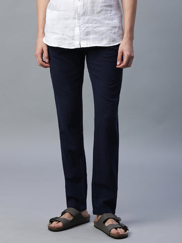 Men's Navy Cotton Linen Slim Fit Pant