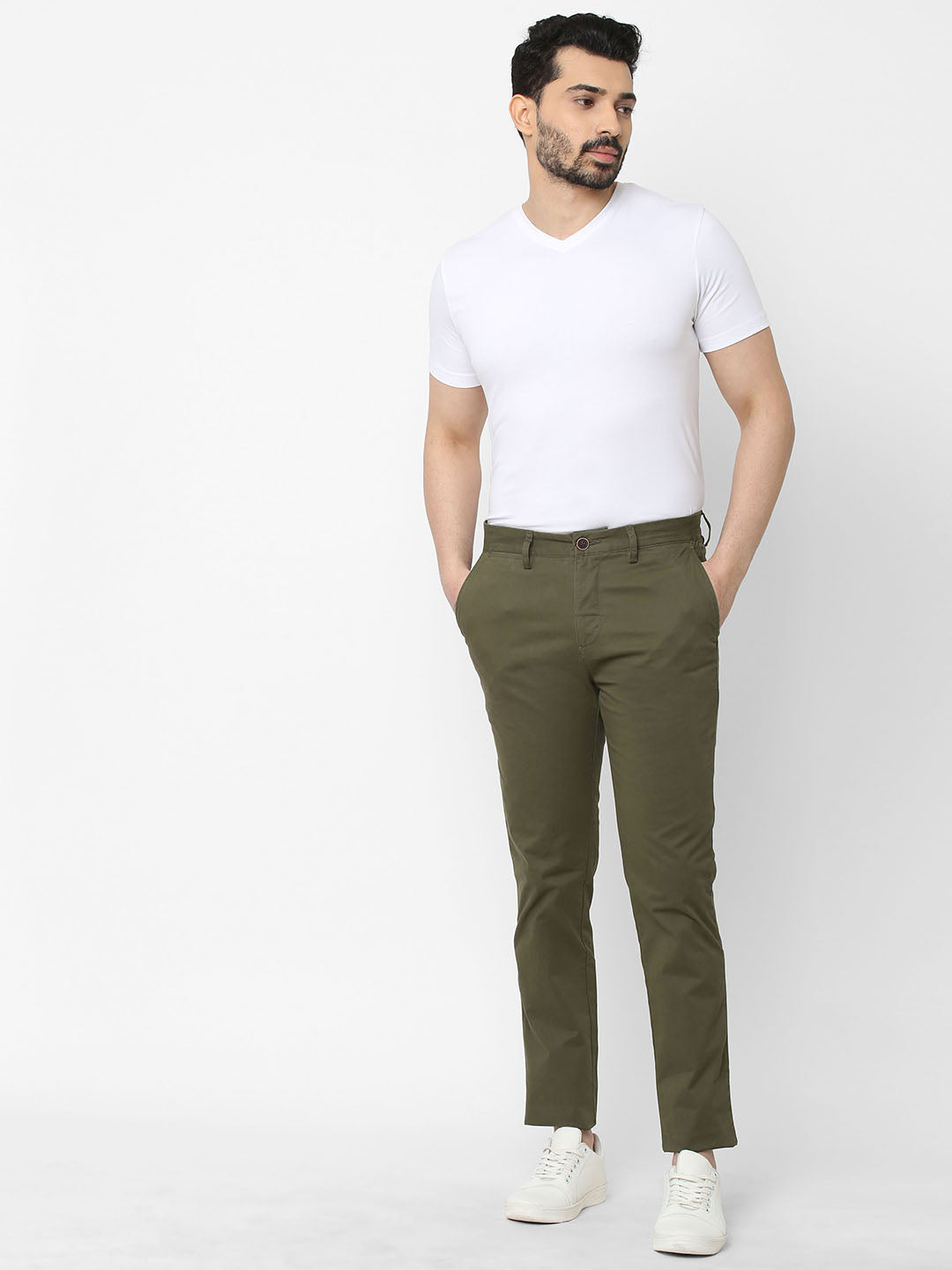 Men's Olive Cotton Lycra Slim Fit Pant