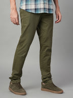 Men's Olive Cotton Lycra Slim Fit Pant