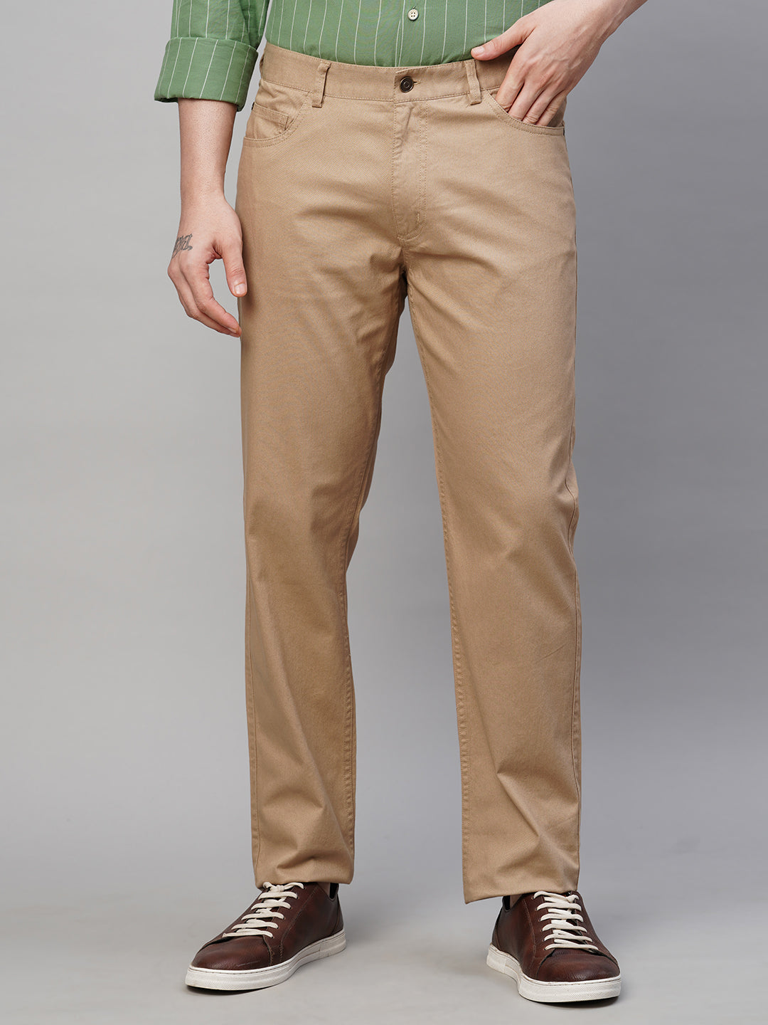 Men's Khaki Cotton Lycra Regular Fit Pant