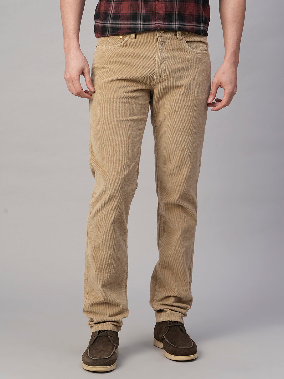 Men's Corduroy Khaki 100% Cotton Lycra Slim Fit Pant