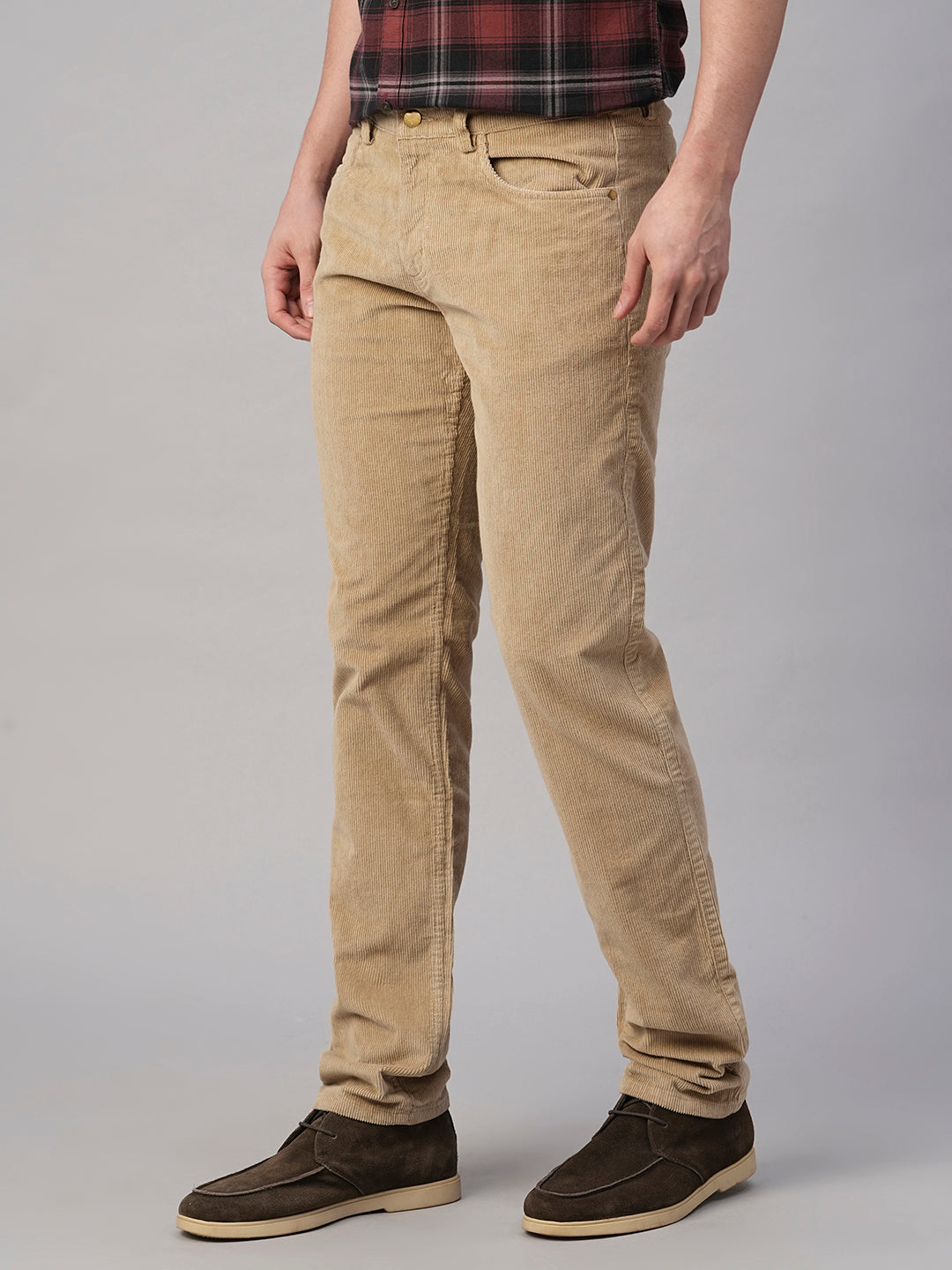 Men's Corduroy Khaki 100% Cotton Lycra Slim Fit Pant