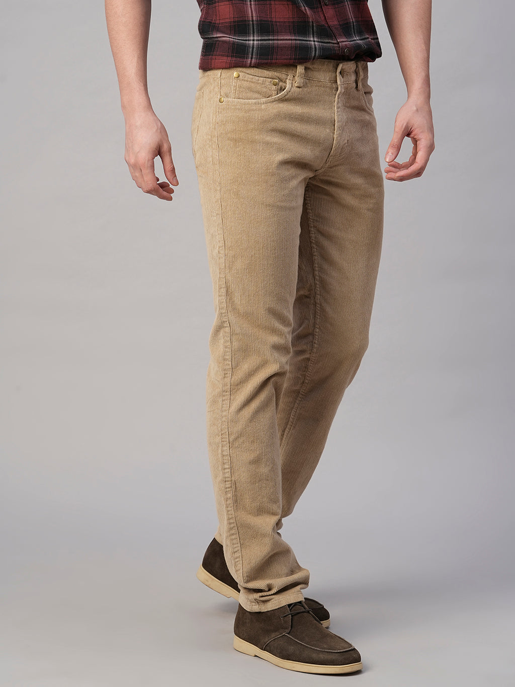 Men's Corduroy Khaki 100% Cotton Lycra Slim Fit Pant