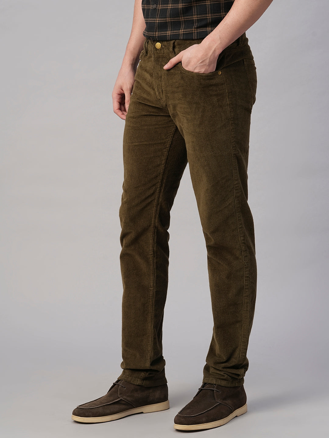 Men's Corduroy Olive 100% Cotton Lycra Slim Fit Pant