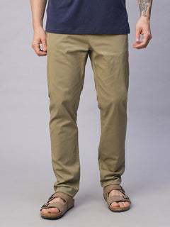 Men's Cotton Lycra Slim Fit Pant Side Seam Pockets Khaki
