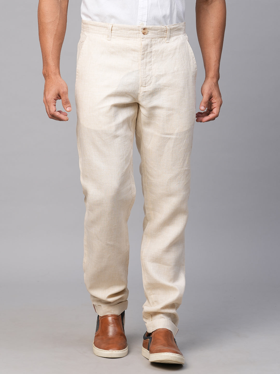 Men's Beige Linen Slim Fit Pant