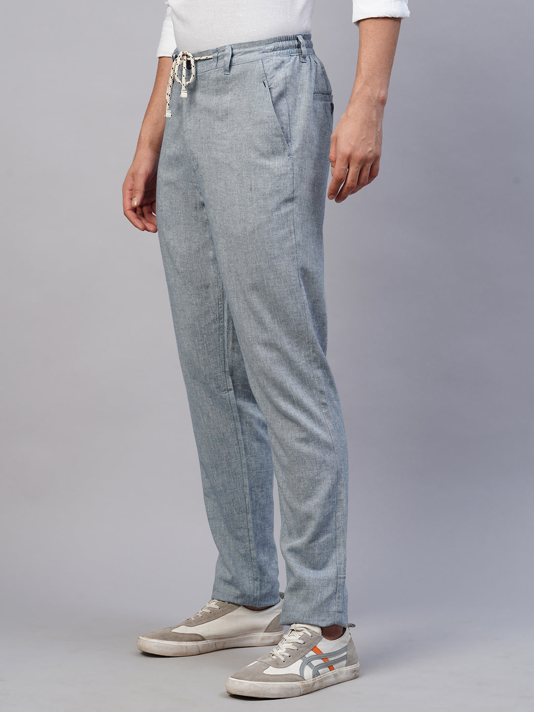 Men's Linen Blend Blue Regular Fit Draw String Pant