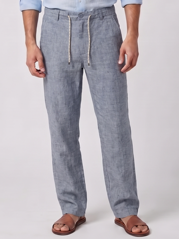Men's Navy Cotton Linen Regular Fit Pant
