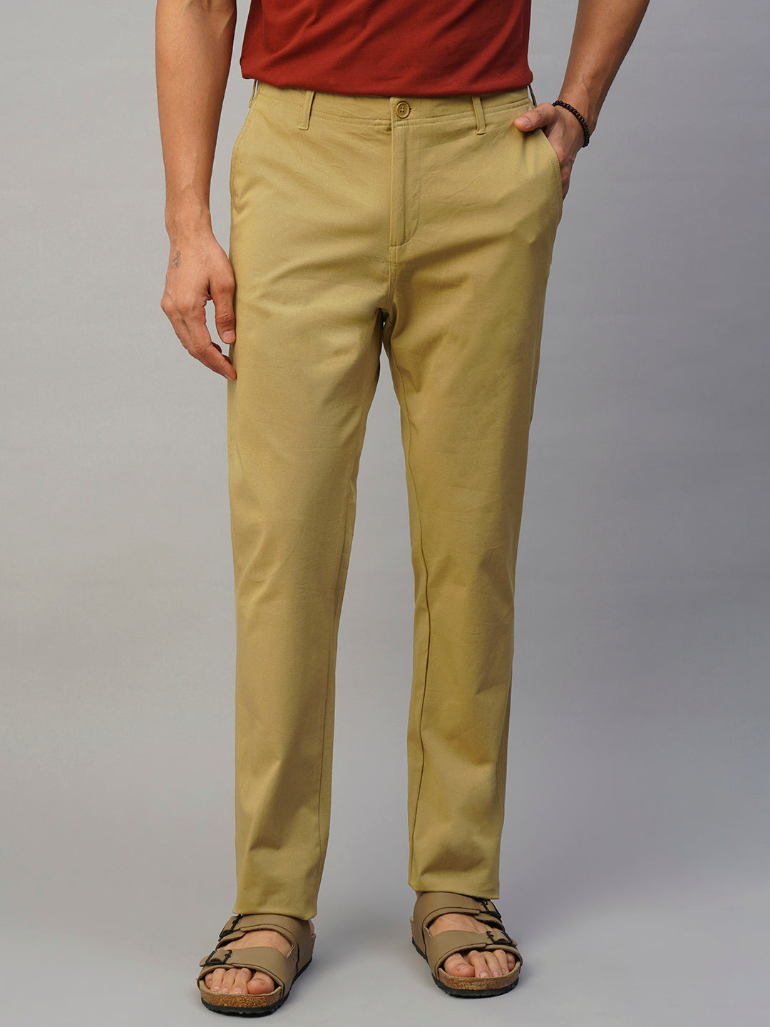 Men's Khaki Cotton Elastane Slim Fit Pant